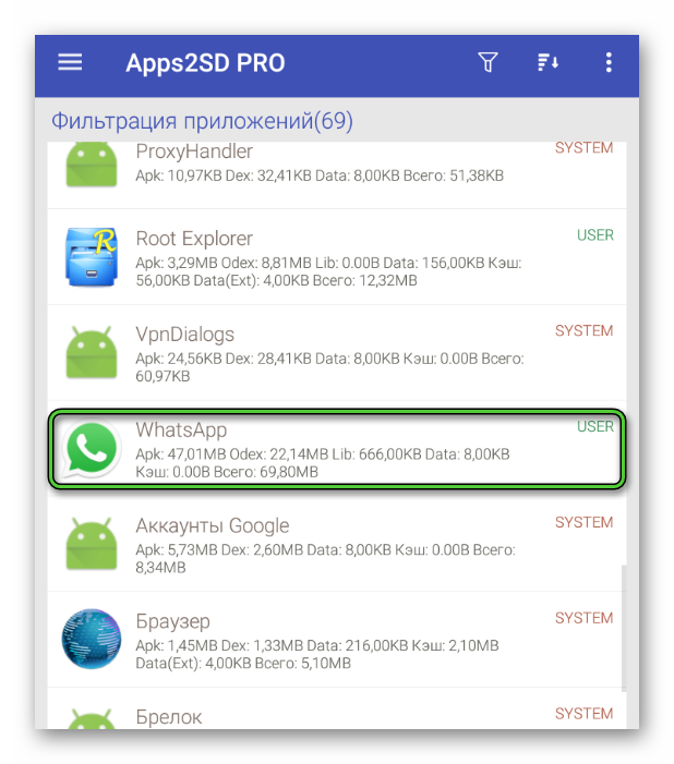 Выбор WhatsApp в приложении App2SD
